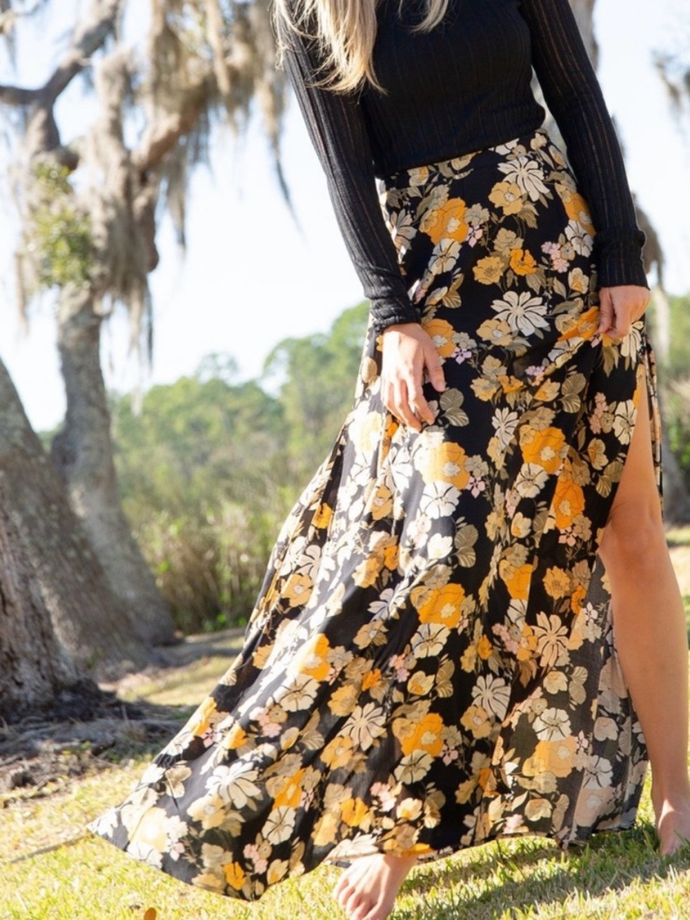 Natural Life Ginger SideSlit Maxi Skirt Black Marigold Floral Boho Cottagecore S